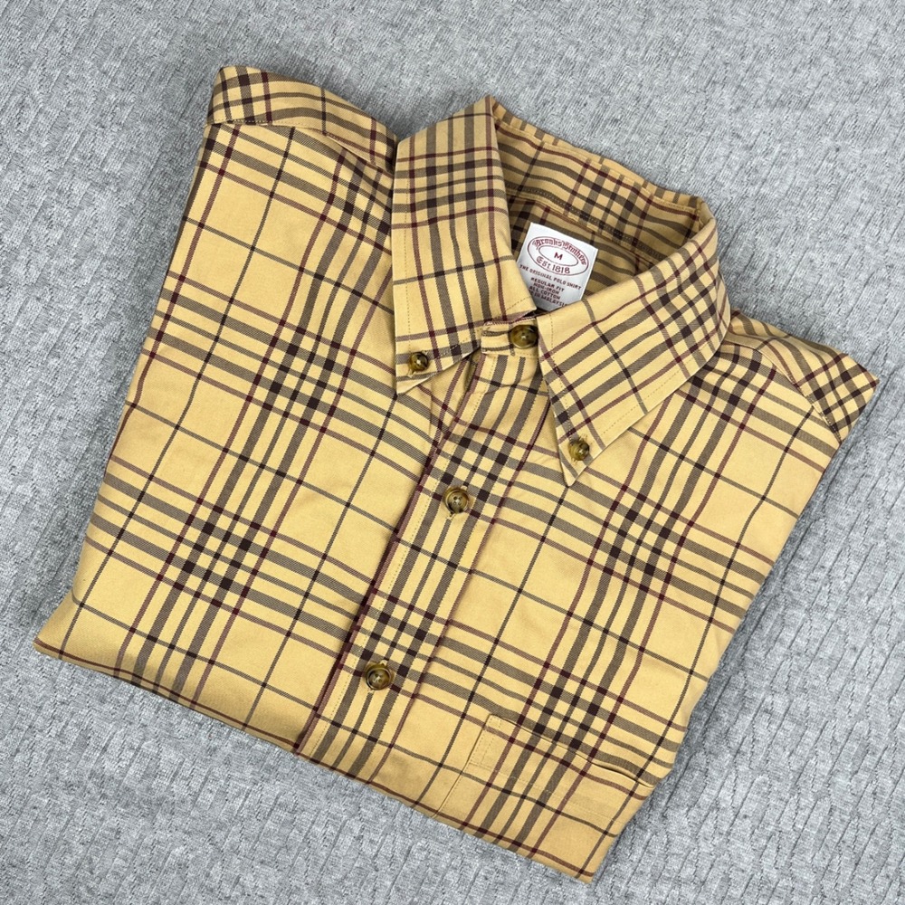 Brooks Brothers Madras Button Down Shirt Men M Tan Plaid Non-Iron Regular Cotton